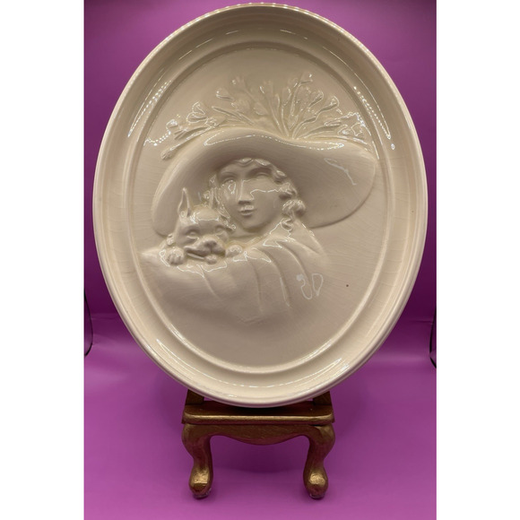 Vintage 1970s Duncan Ceramic Cameo Syle Portrait of Lady in Hat and Dog